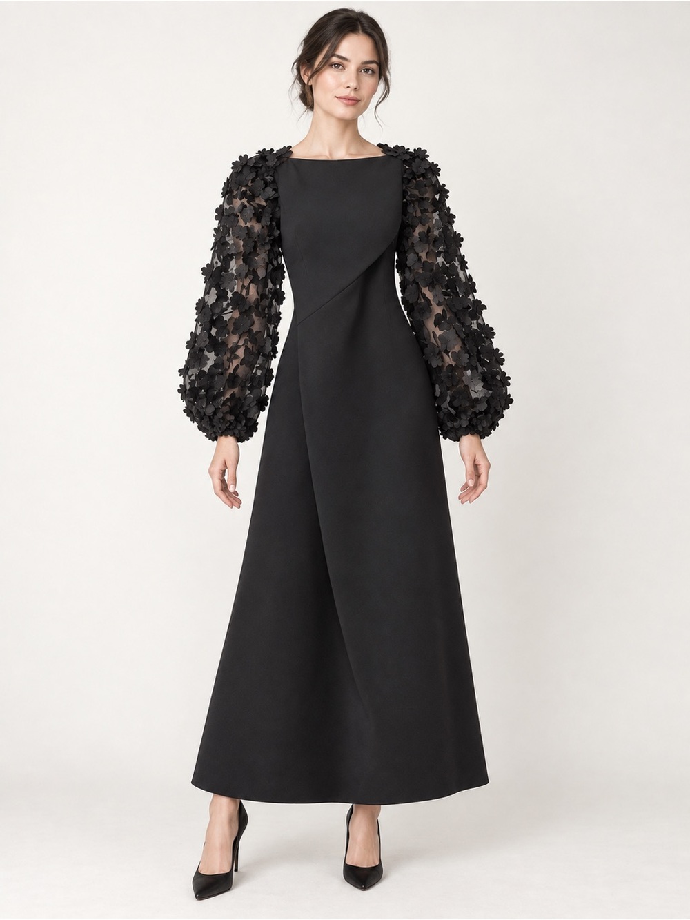 Ida Sjöstedt “Genie” Black Floral Appliqué Sleeve A-Line Evening Dress